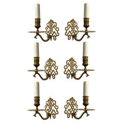 Antique Set of Six Unusual Brass Single Arm Sconces