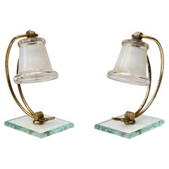 Retro Pair of Small Glass and Brass Lamps, Italy, 1950s