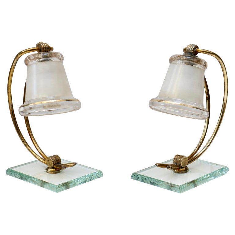 Pair of Small Glass and Brass Lamps, Italy, 1950s For Sale