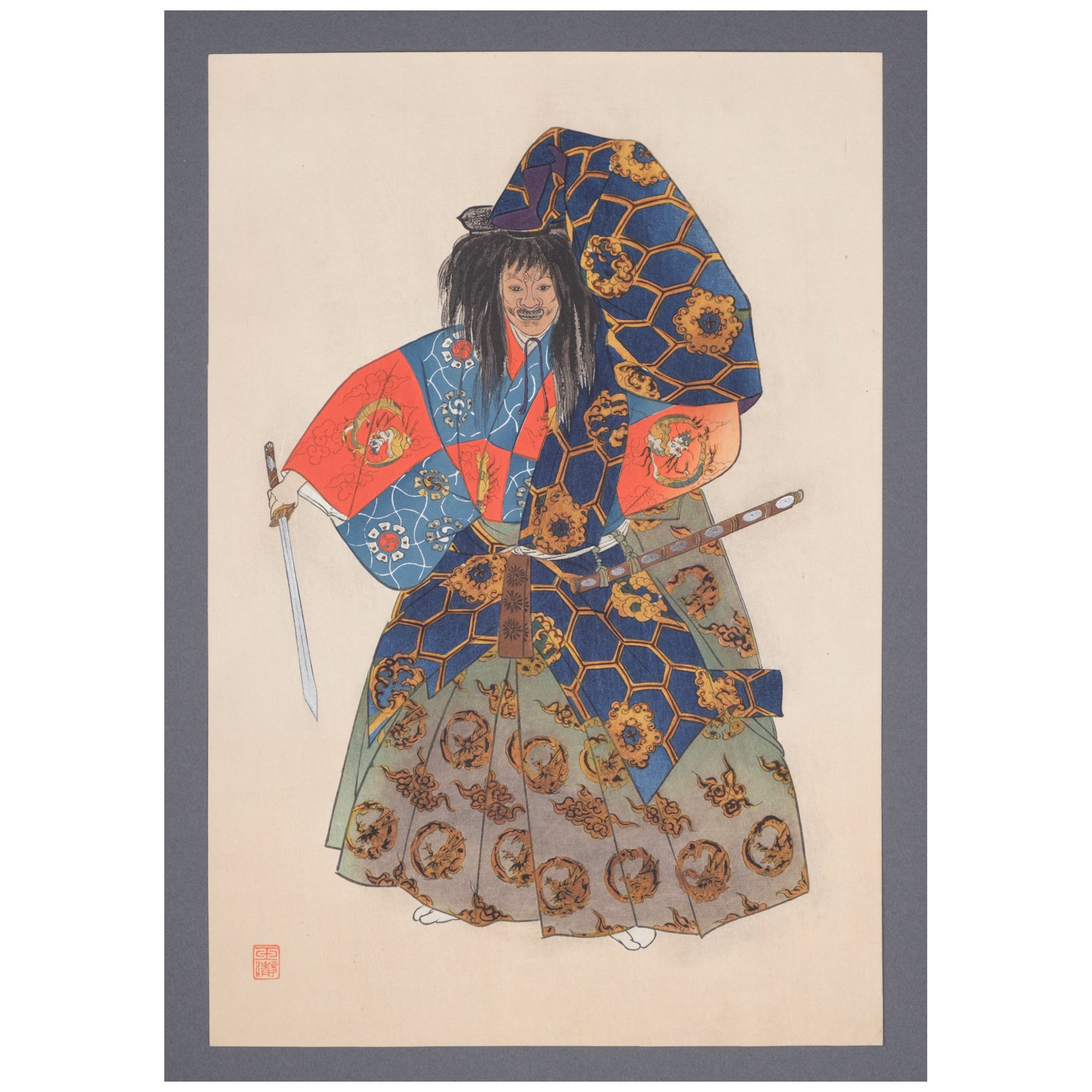 Original japanischer Farbholzschnitt eines Kriegers von Gyokusei Tsukioka 月岡 玉瀞 im Angebot