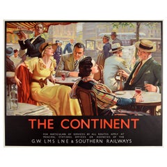 Poster di viaggio originale d'epoca The Continent LMS Southern Railways Art Deco GWR