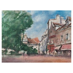 Retro French Modernist Cubist Painting Summer Town Scene