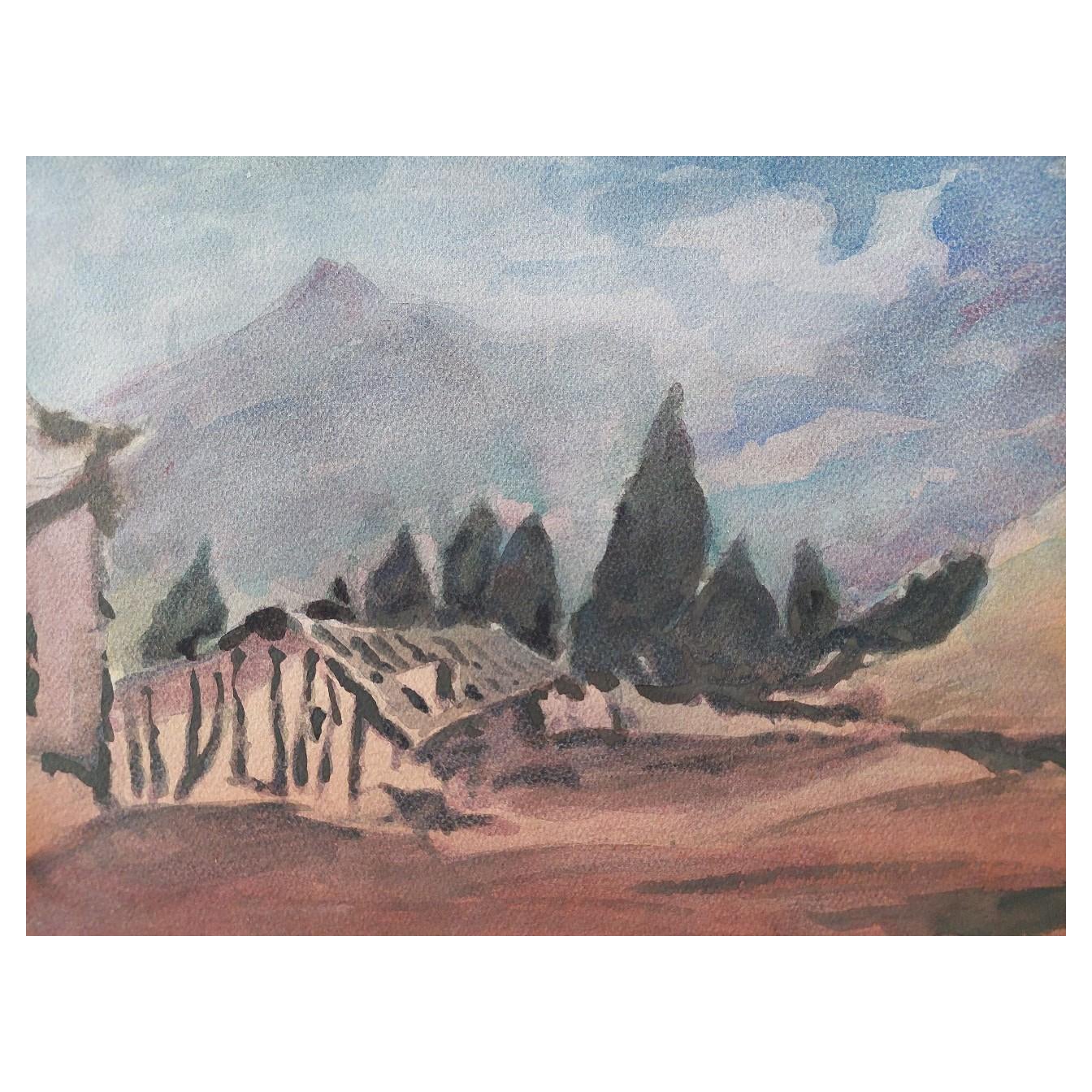 Peinture cubiste française moderniste représentant des montagnes de Provence en vente