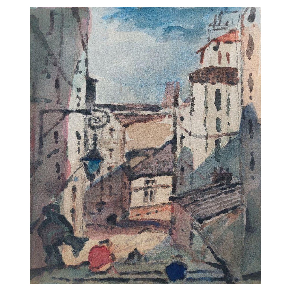 French Modernist Cubist Painting Town View to the Sea For Sale