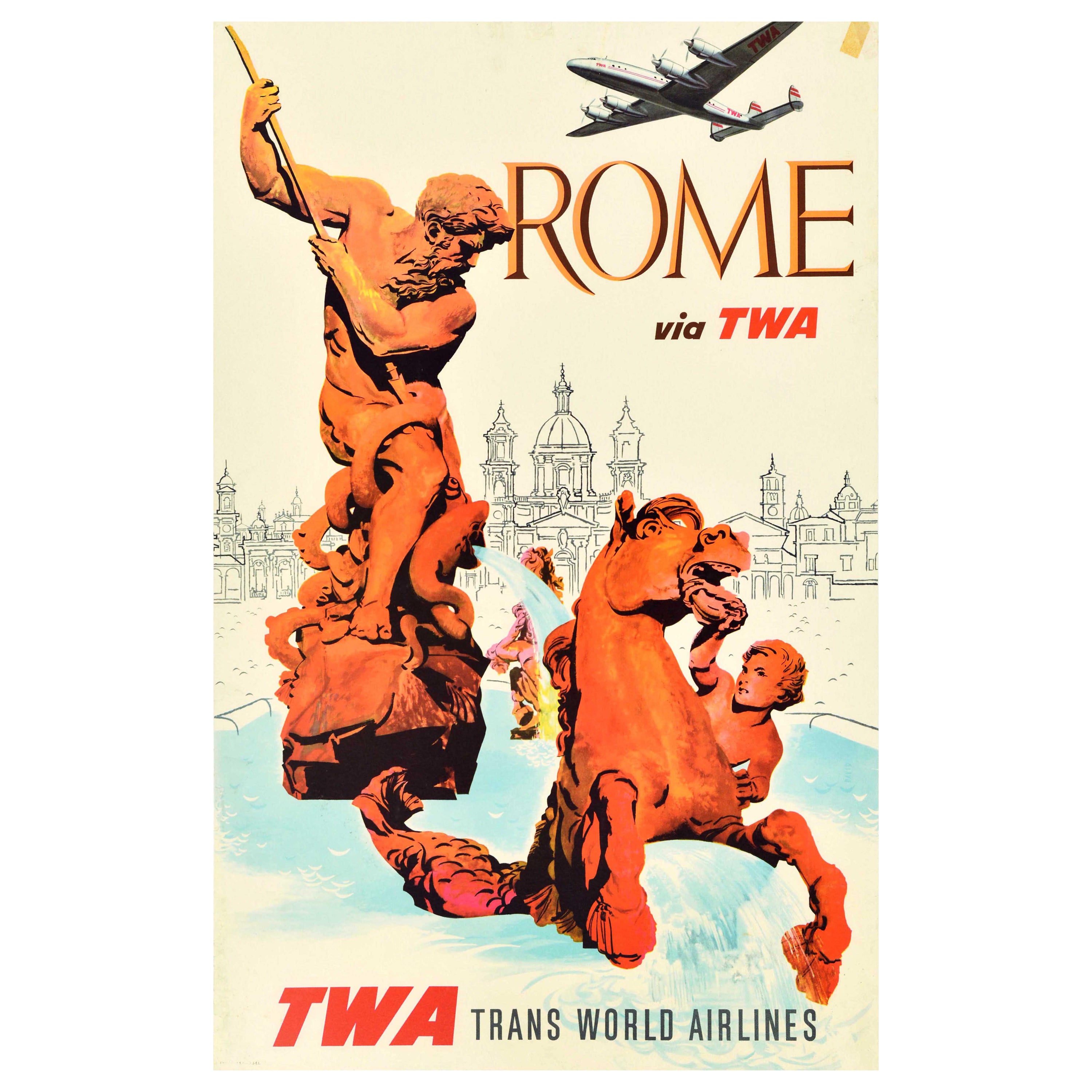 Affiche rétro originale de voyage, Rome Via TWA, Fontaine Neptune, City Skyline, Italie en vente