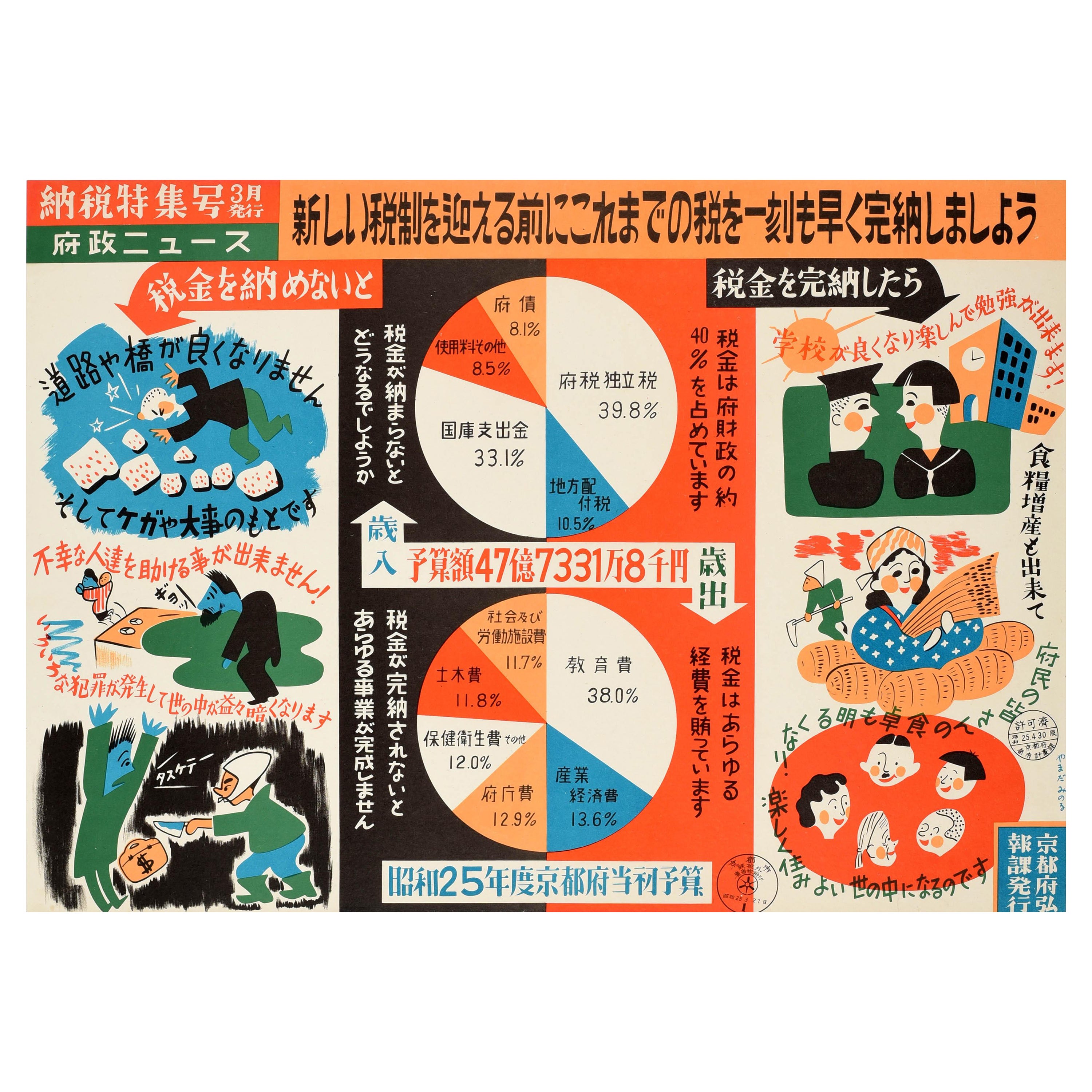 Original Vintage Information Poster New Tax System Kyoto Japan Illustration Art For Sale