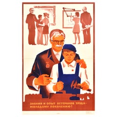Original Vintage Soviet Propaganda Poster Knowledge Of Labour Veterans USSR