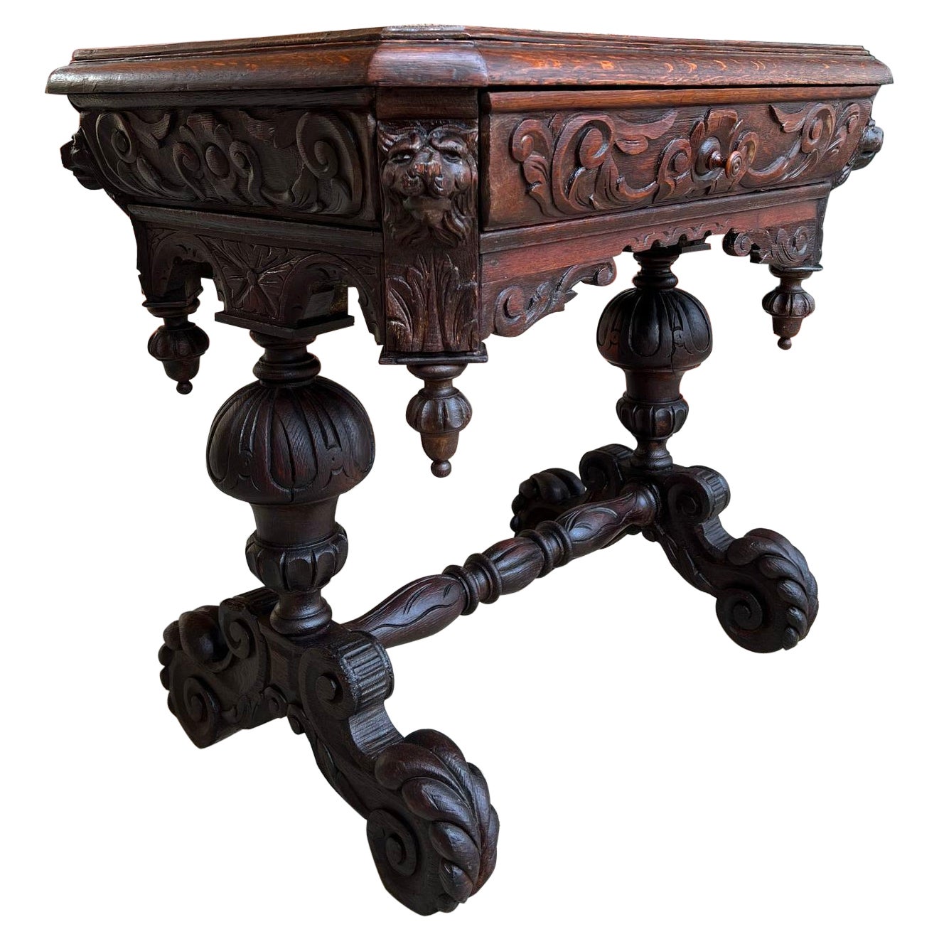 19th Century Petite English Sofa Table Library Desk Renaissance Carved Oak For Sale
