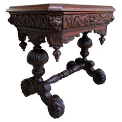 Antique 19th Century Petite English Sofa Table Library Desk Renaissance Carved Oak