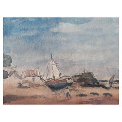 French Modernist Cubist Painting Fishing Boats on Rocky Coast