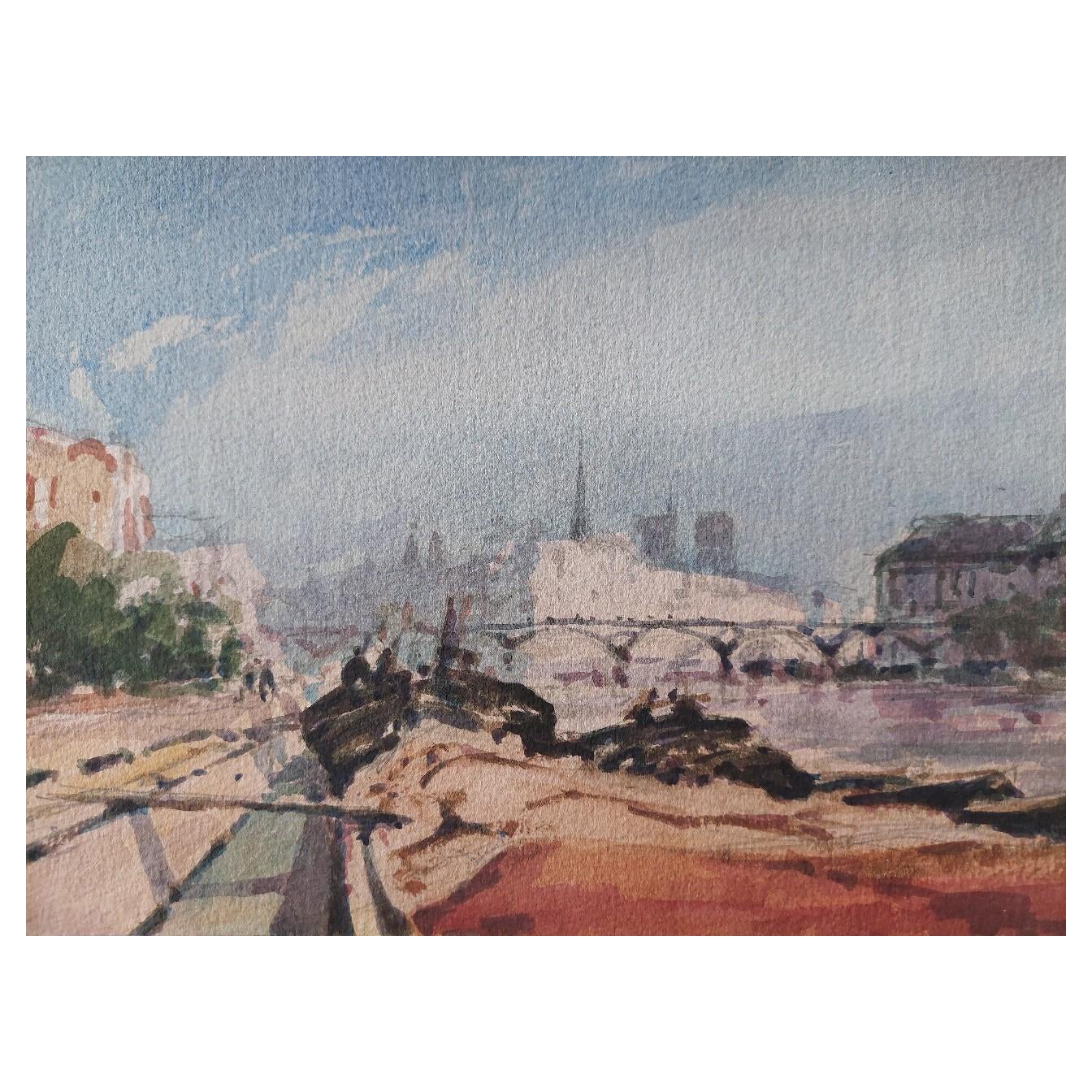 French Modernist Cubist Painting Parisian Panorama of the Seine For Sale