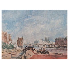 French Modernist Cubist Painting Paris River Seine Barges