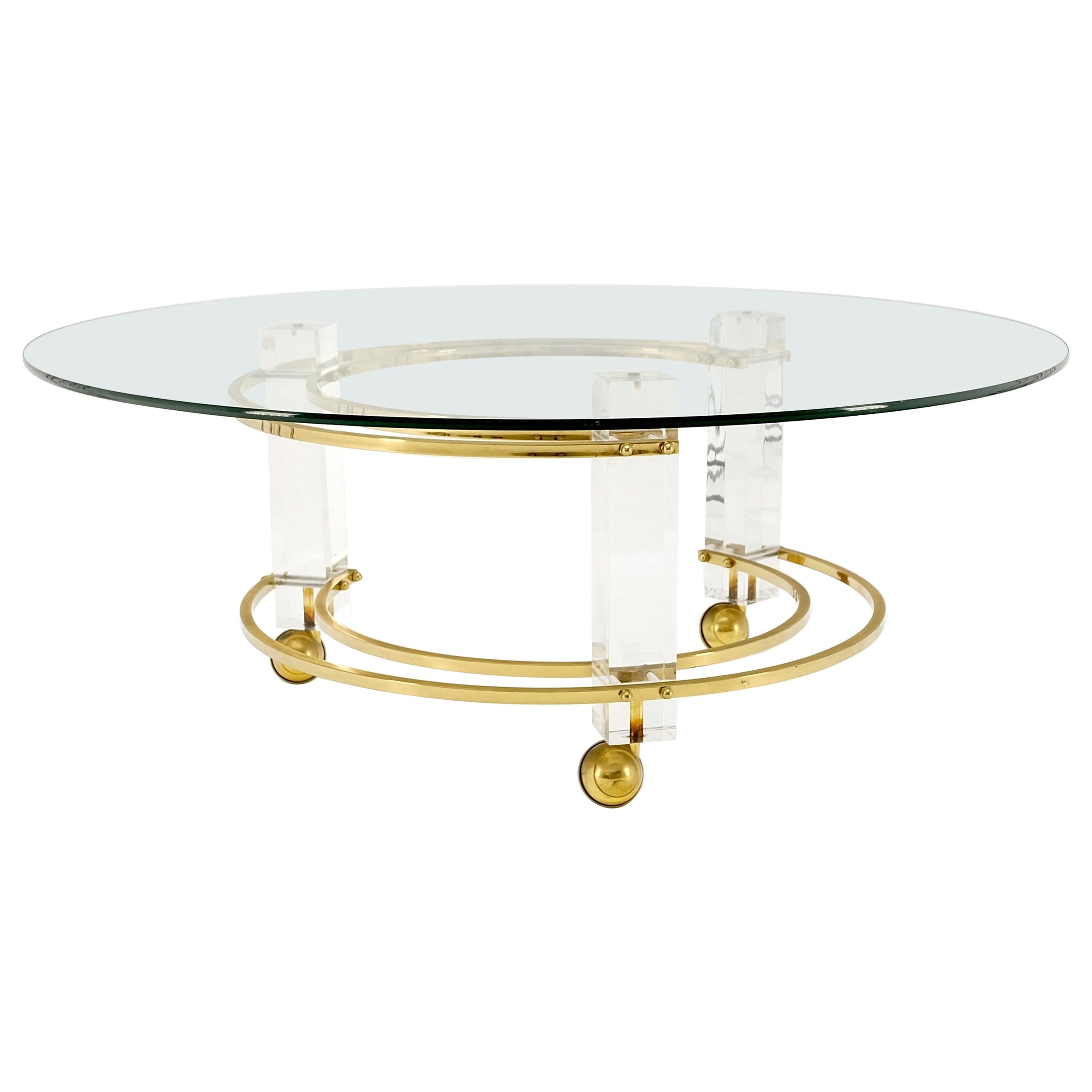 Polished Brass & Lucite Base Round Midcentury Coffee Table on Wheels Mint! For Sale