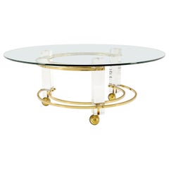 Vintage Polished Brass & Lucite Base Round Midcentury Coffee Table on Wheels Mint!