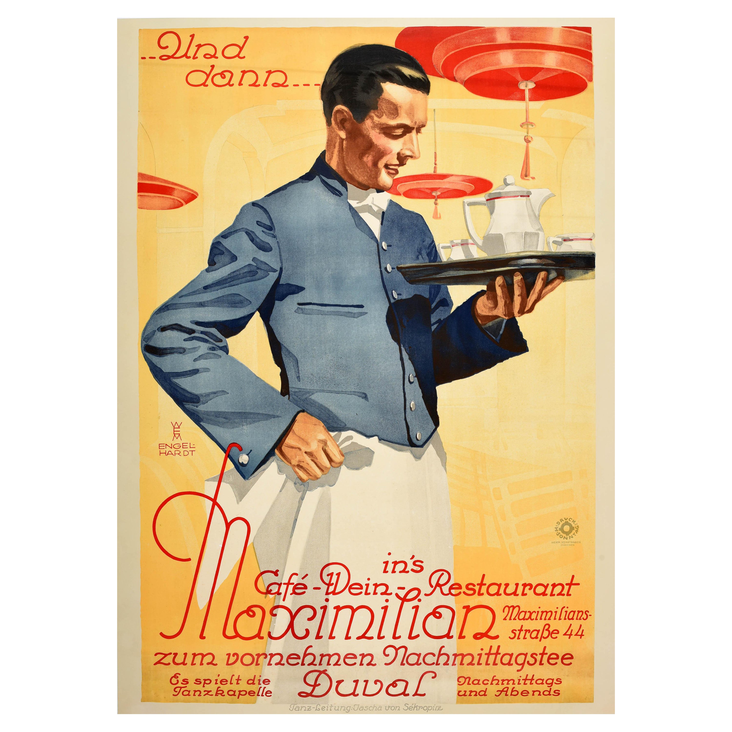 Affiche publicitaire d'origine ancienne Maximilian Cafe Restaurant Afternoon Tea Art