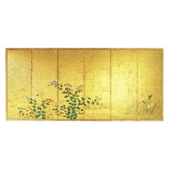 Japanese Folding Screen Six Panels Rinpa School on Gold Leaf
