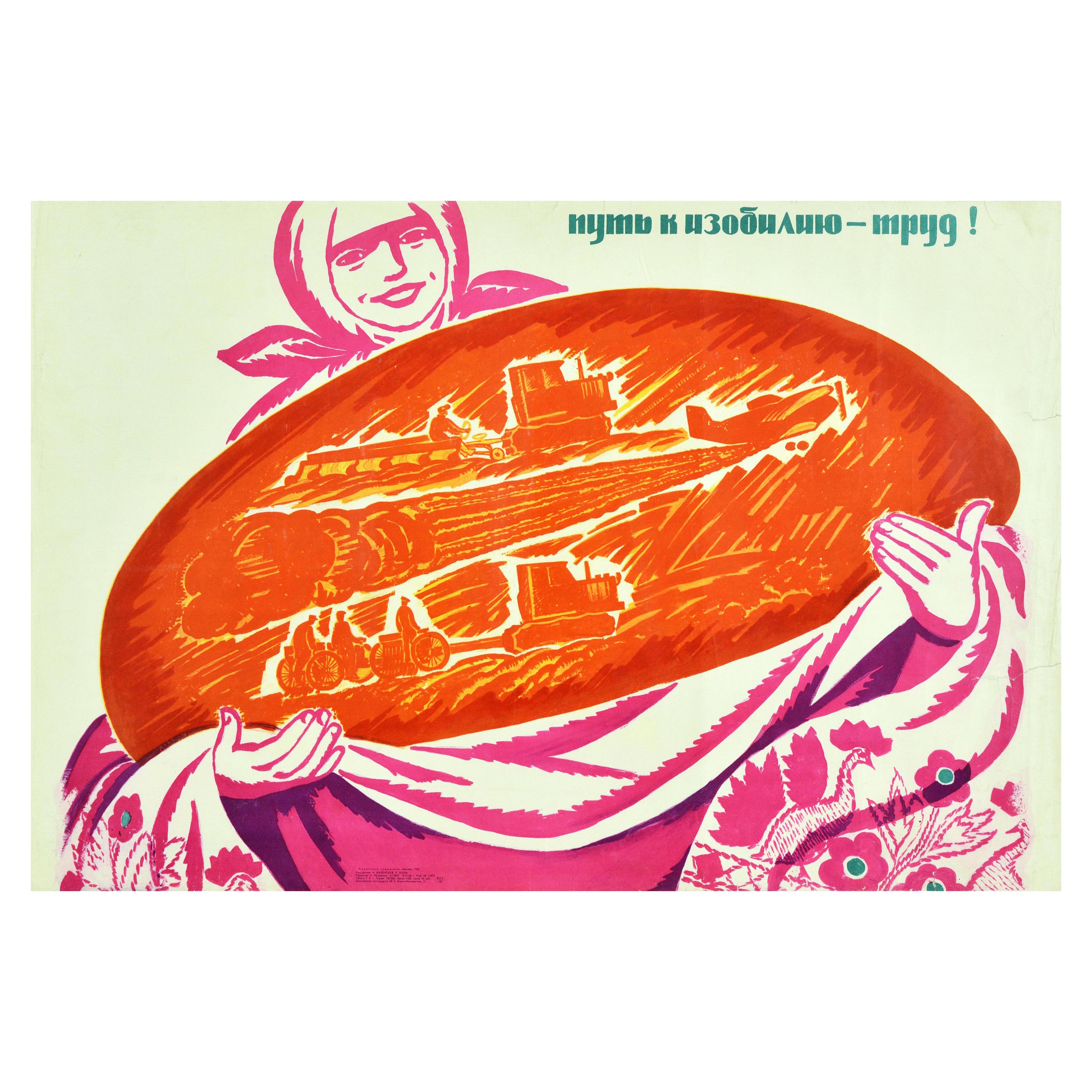 Affiche rétro originale de propagande soviétique, Chemin de travail dur pour l'abondance de l'URSS, Bread