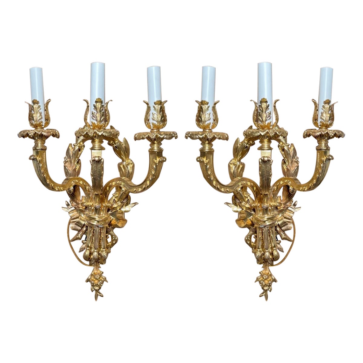 Pair Antique French Bronze D'ore 3 Light Wall Sconces, circa 1890s