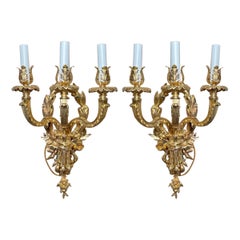 Pair Antique French Bronze D'ore 3 Light Wall Sconces, circa 1890s