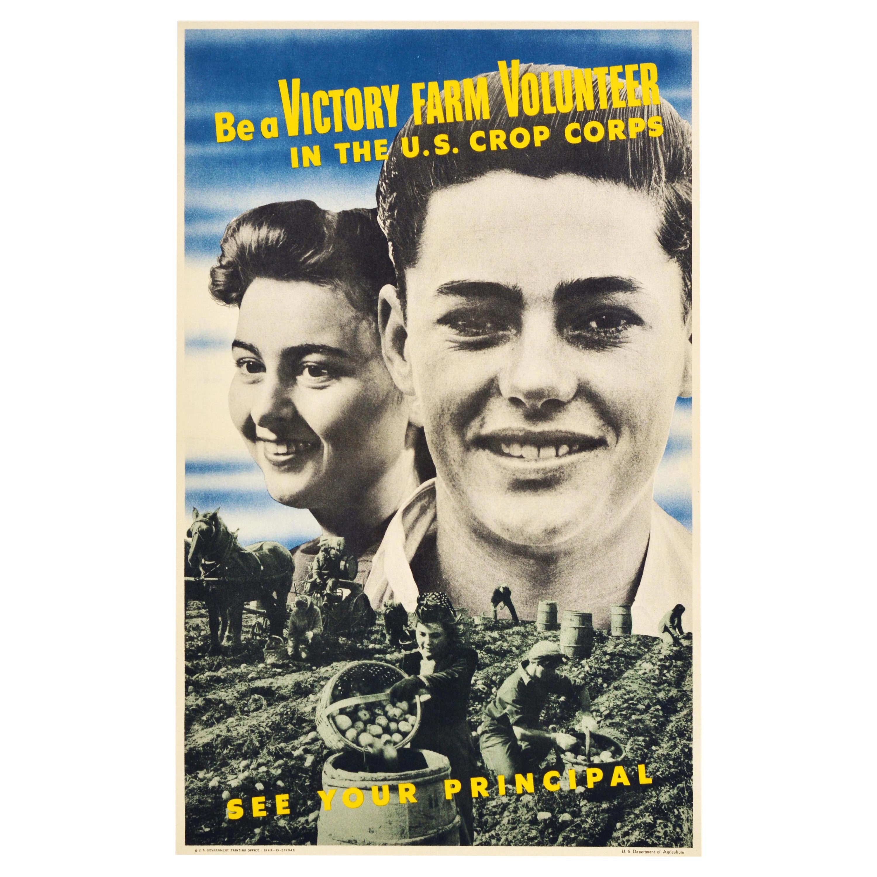 Original Vintage Propaganda Poster Victory Farm Volunteer US Crop Corps WWII For Sale