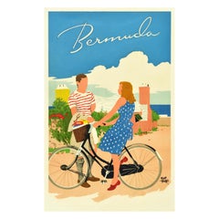 Affiche de voyage vintage d'origine Bermuda Adolph Treidler Hamilton sur la plage de vélo