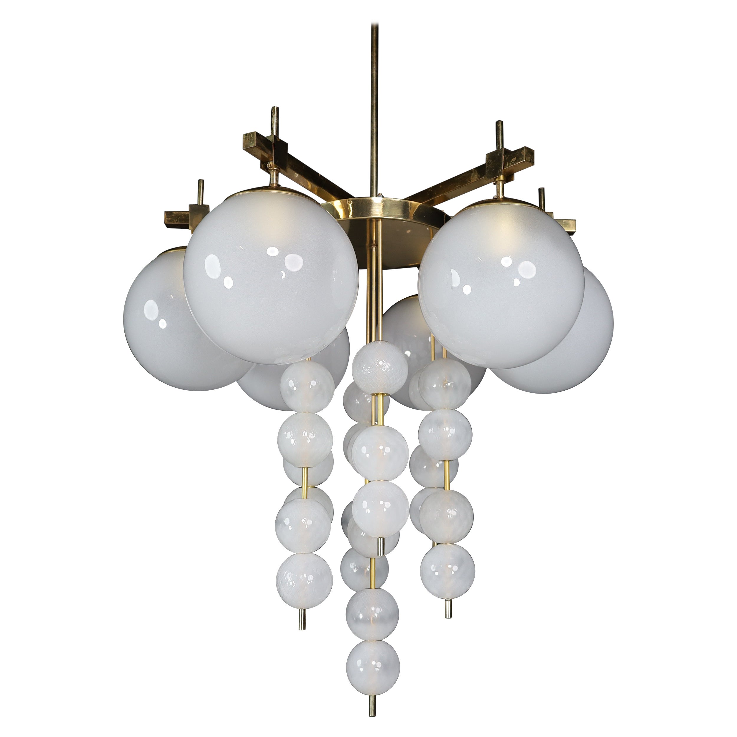 Brass Chandelier with Frosted Glass Globes, Czechia 1950s For Sale