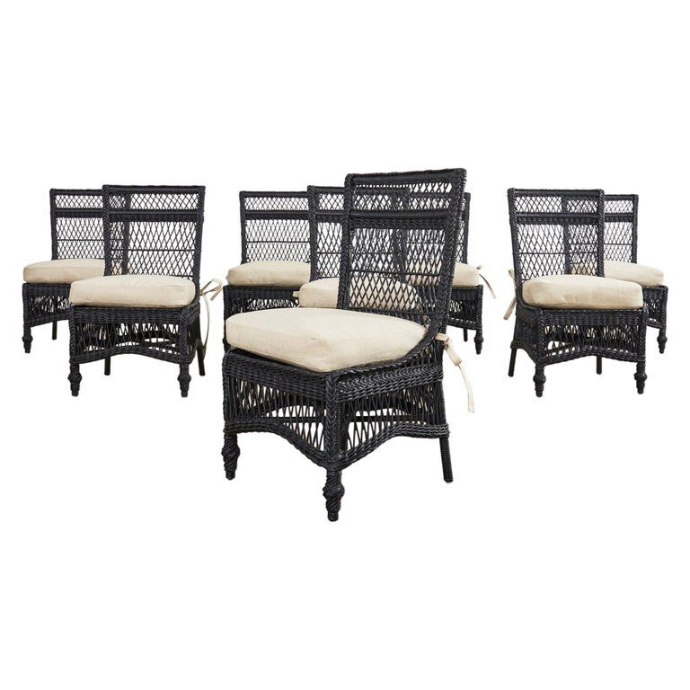 Set of Eight Bar Harbor Style Rattan Wicker Dining Chairs For Sale at