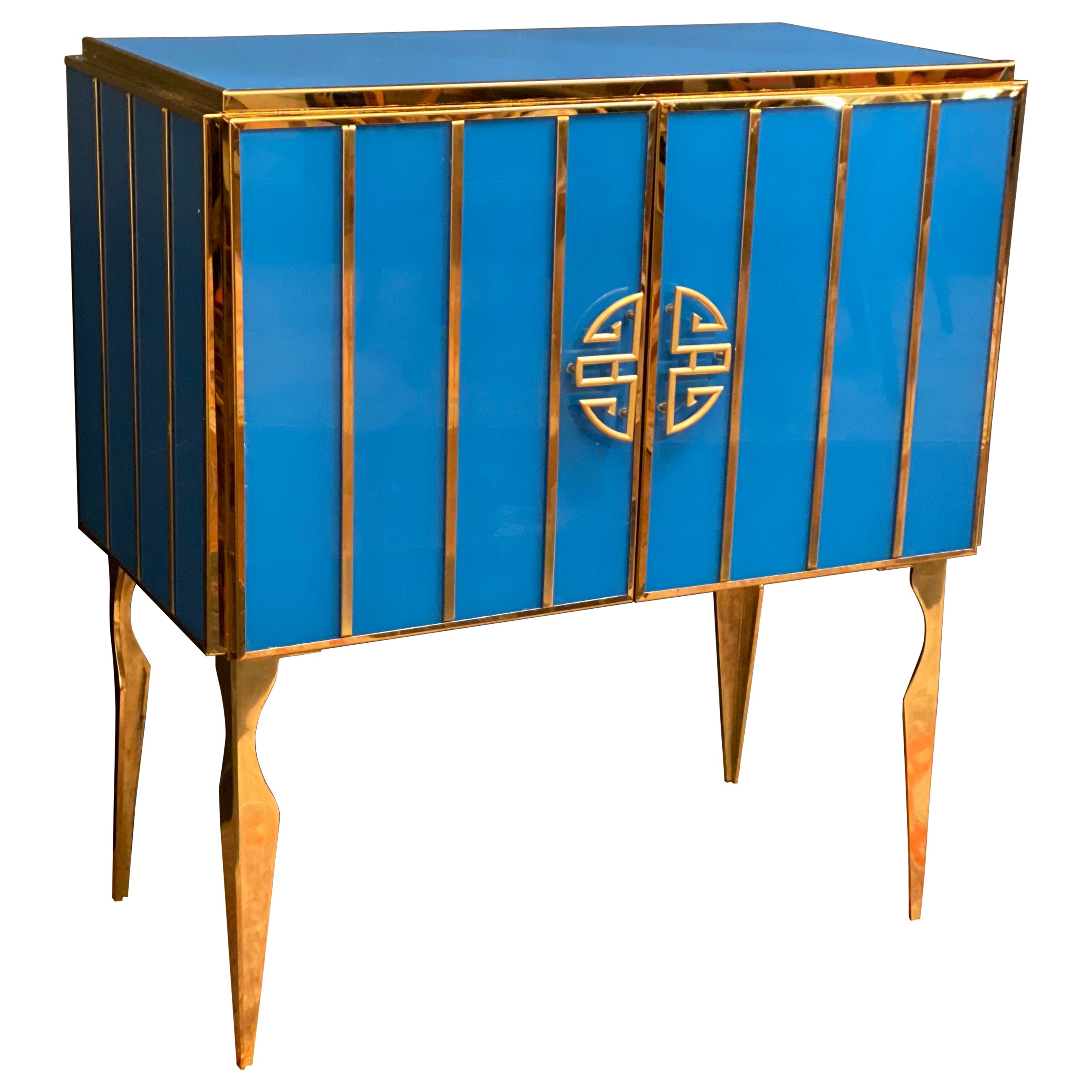 Midcentury Style Brass and Blu Murano Glass Bar Cabinet, 2020 For Sale