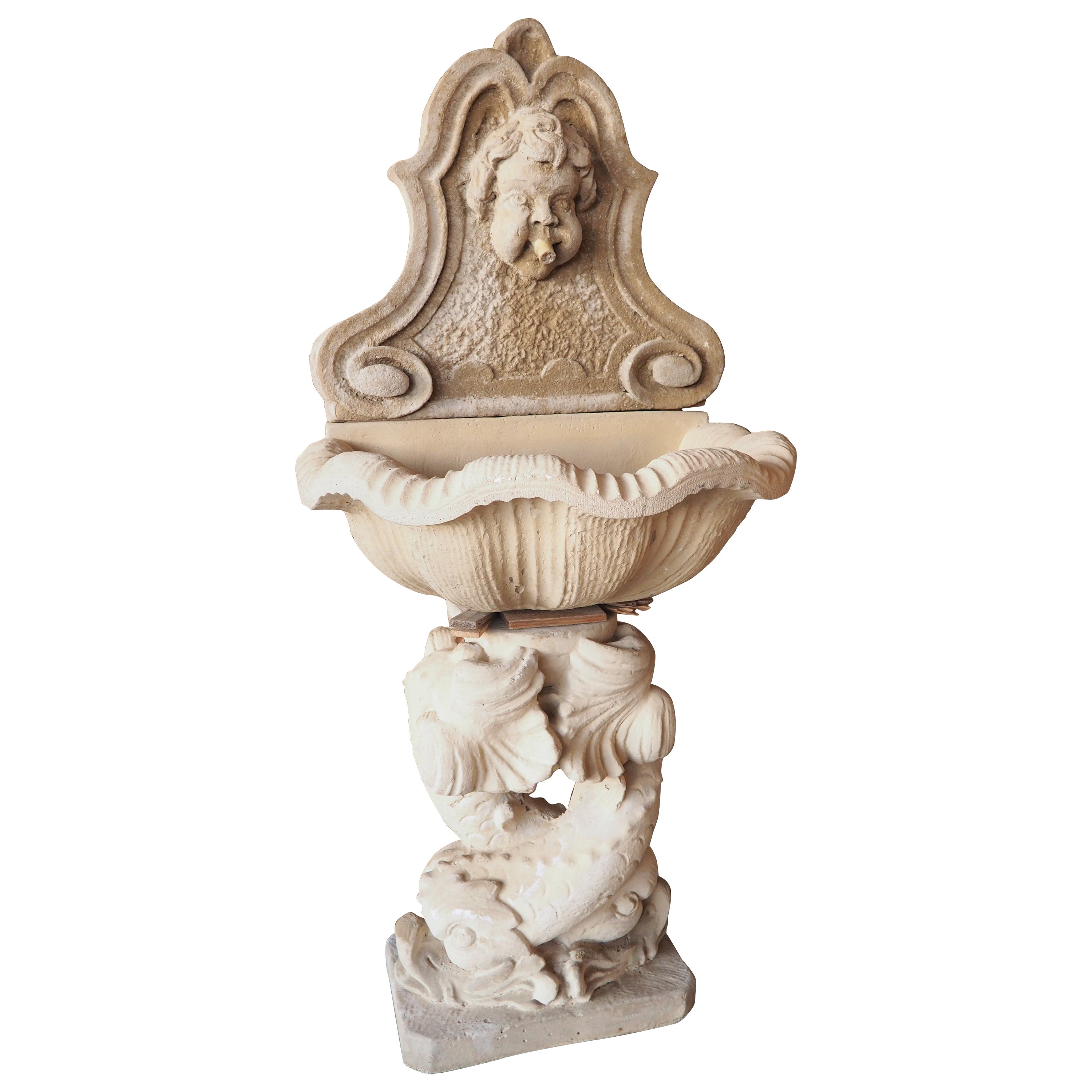 Cast Stone French Wall Fountain with Putti and Dolphins For Sale