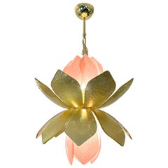 Contemporary Italian Brass Pink Gold Leaf Murano Glass Flower Chandelier Pendant