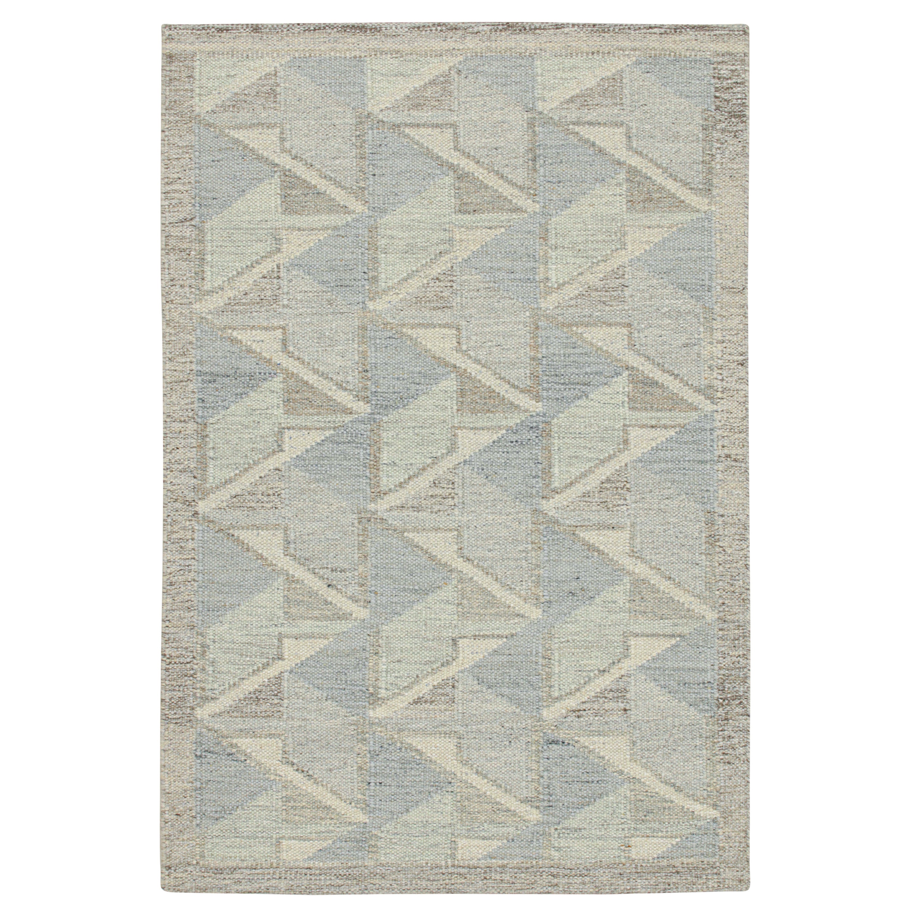 Rug & Kilim’s Scandinavian Style Kilim in Gray, White, & Blue Geometric Patterns