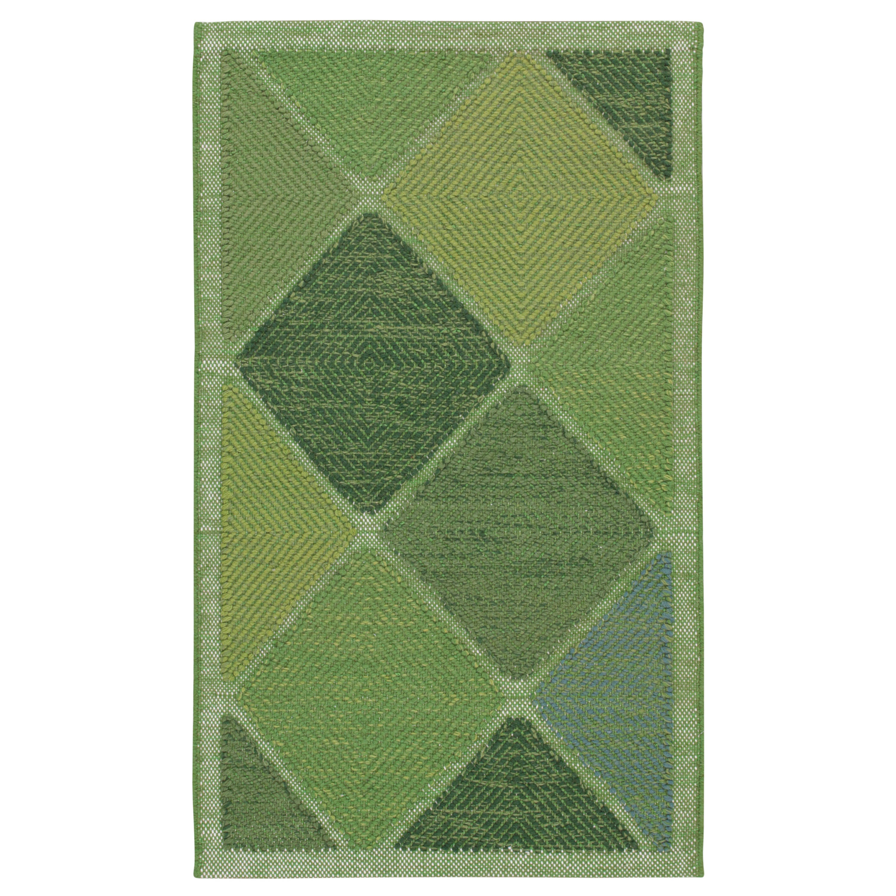 Rug & Kilim’s Scandinavian Style Kilim in Green High-and-Low Diamond Patterns For Sale