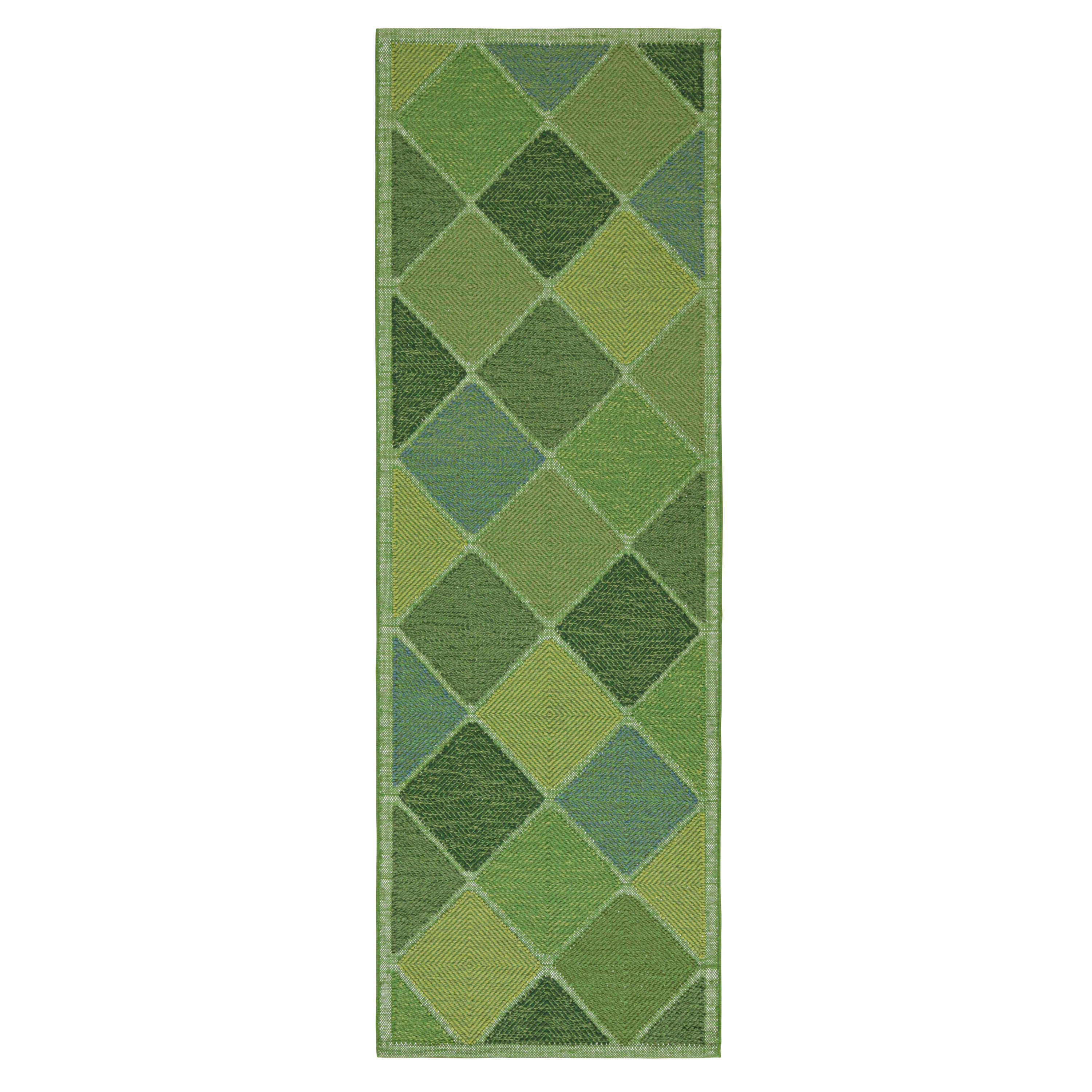 Rug & Kilim’s Scandinavian Style Kilim in Green High-and-Low Diamond Patterns For Sale