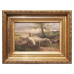 Signed Antique Pastoral Sheep Painting in Giltwood Frame, Belgium, 19th Century