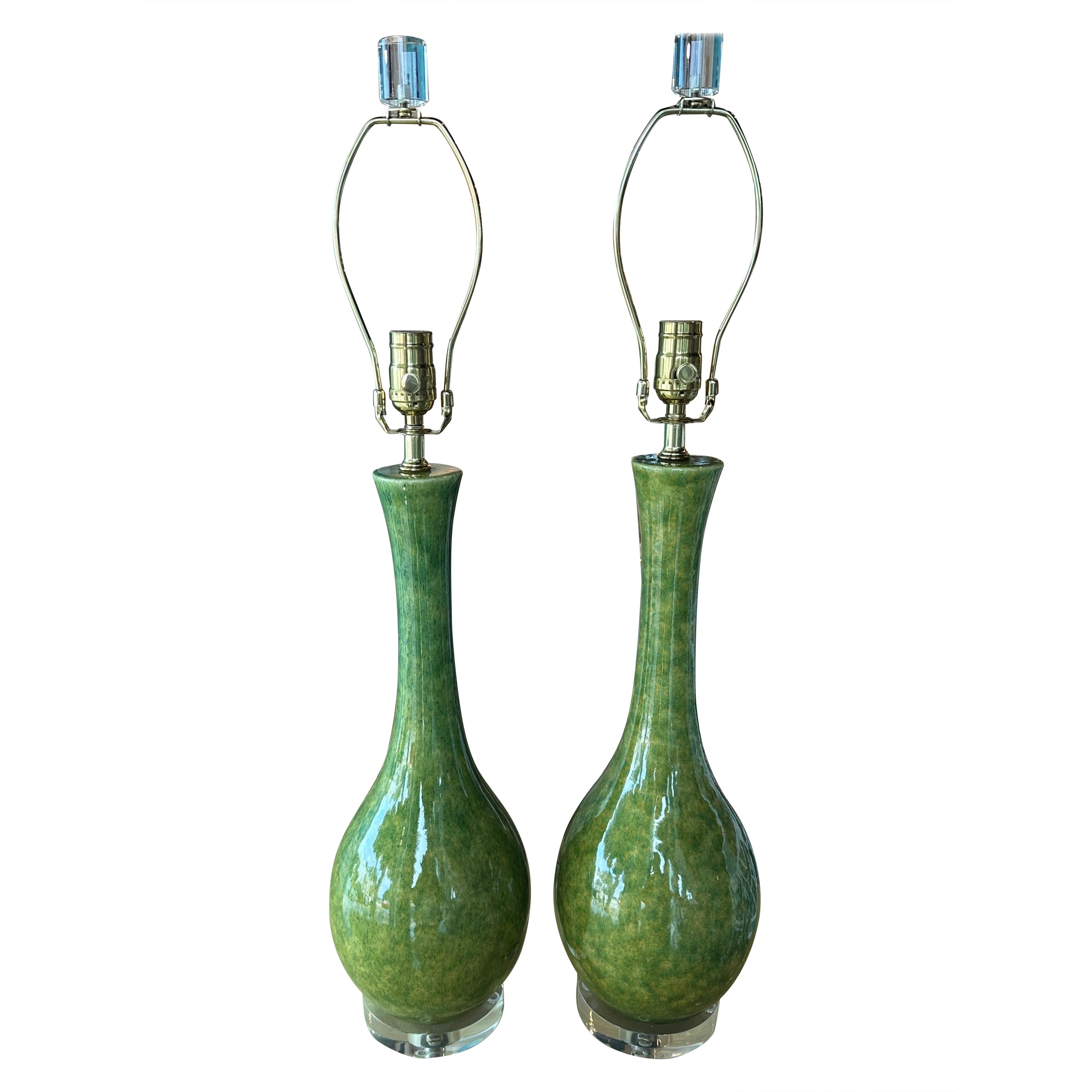 Vintage Pair Mid-Century Modern Ceramic Glazed Green Table Lamps Newly Wired For Sale