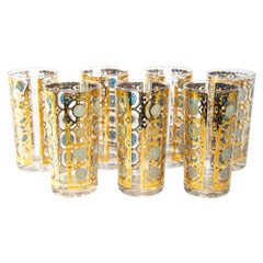 Culver Ltd 22k Gold and Turquoise Signed Glassware Barware Set of 7, circa 1960s