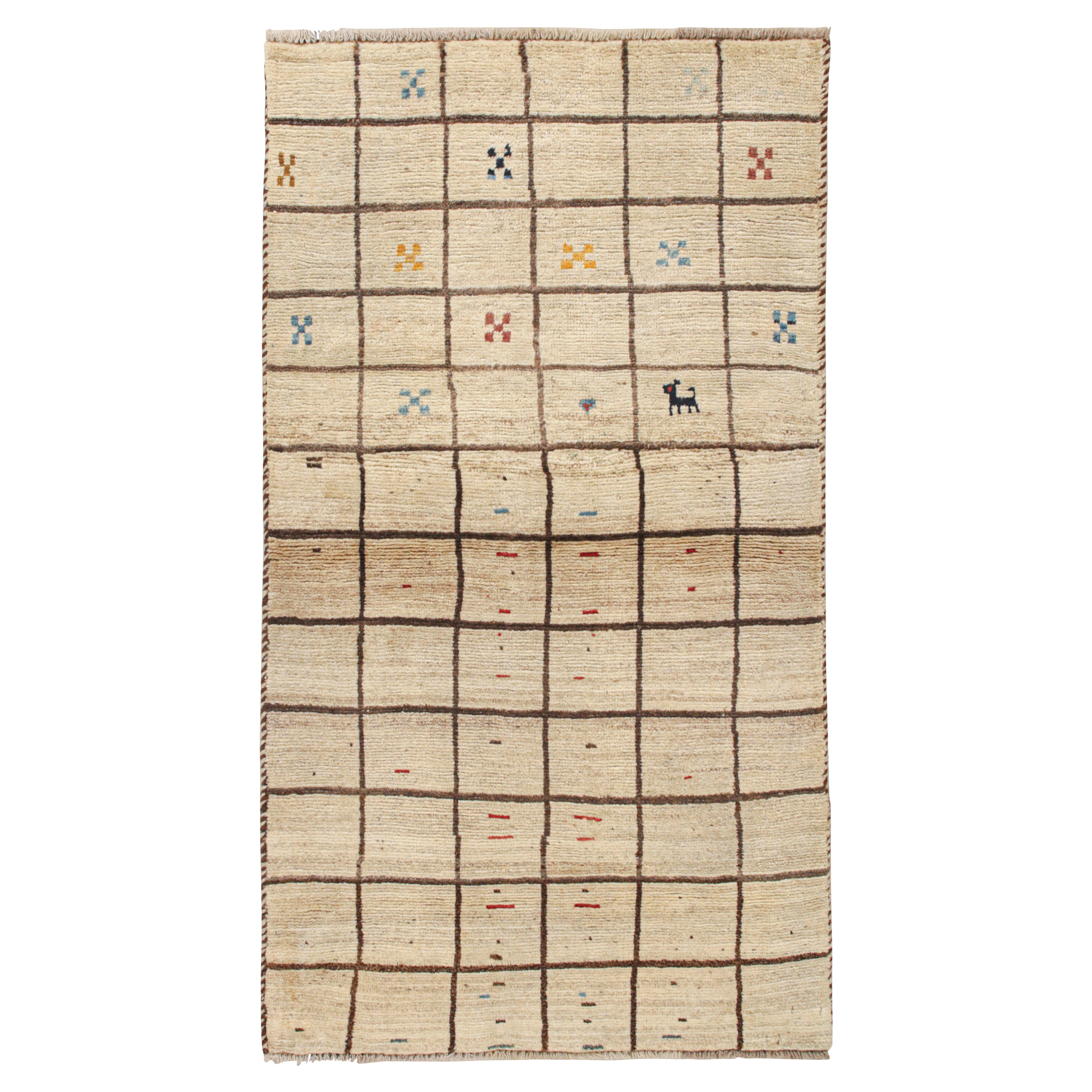 Vintage Qashqai Persian Gabbeh Rug in Beige-Brown Grid Pattern