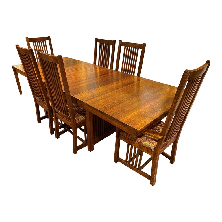 Arts and Crafts Stickley Style Oak Dining Table w/ 2 Leaves and 6