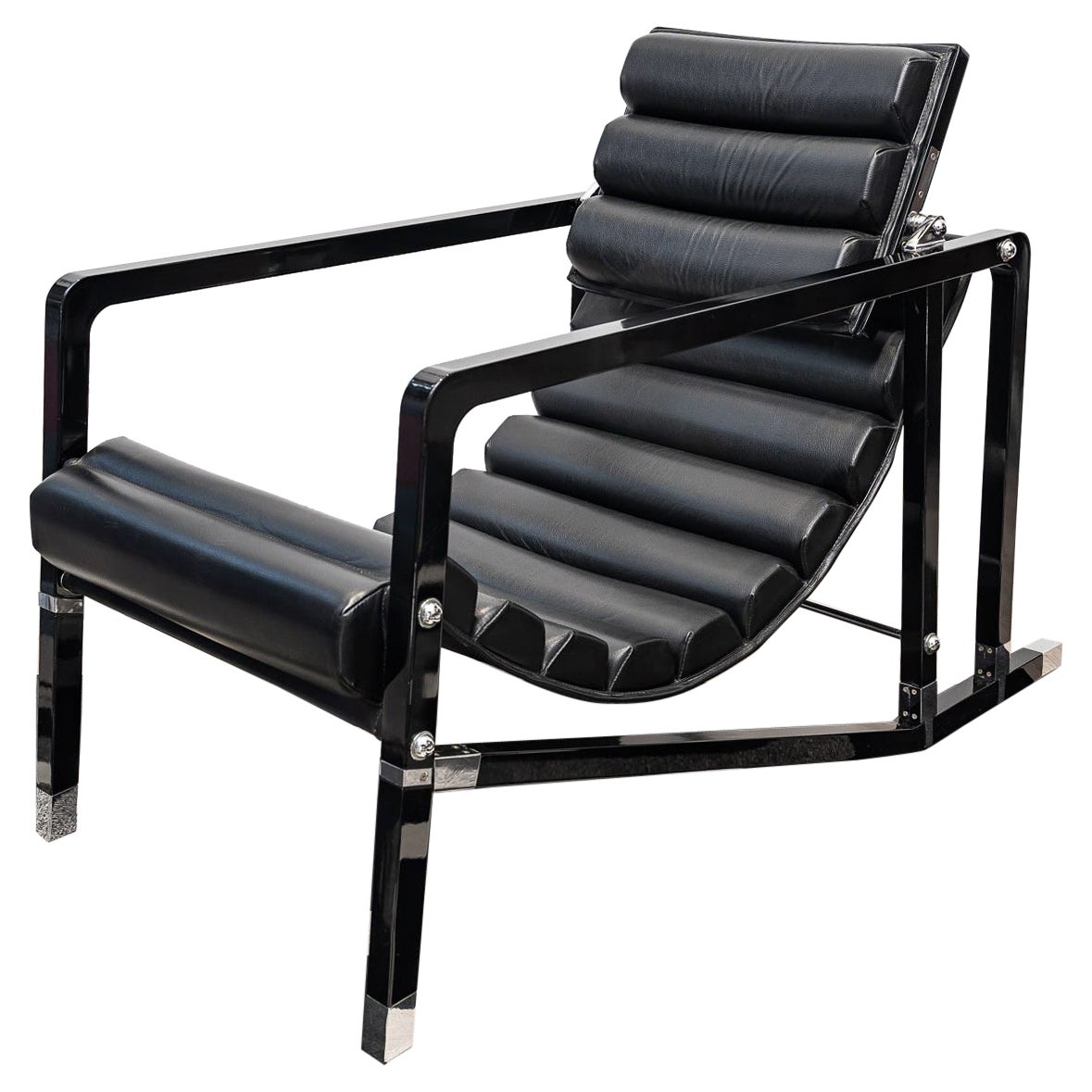 Eileen Gray, Ecart International, Transat Sessel aus schwarzem Lederlackiertem Holz im Angebot