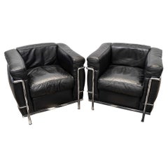 Le Corbusier, Perriand, Jeanneret, Cassina Pair of LC2 Armchairs Black Leather