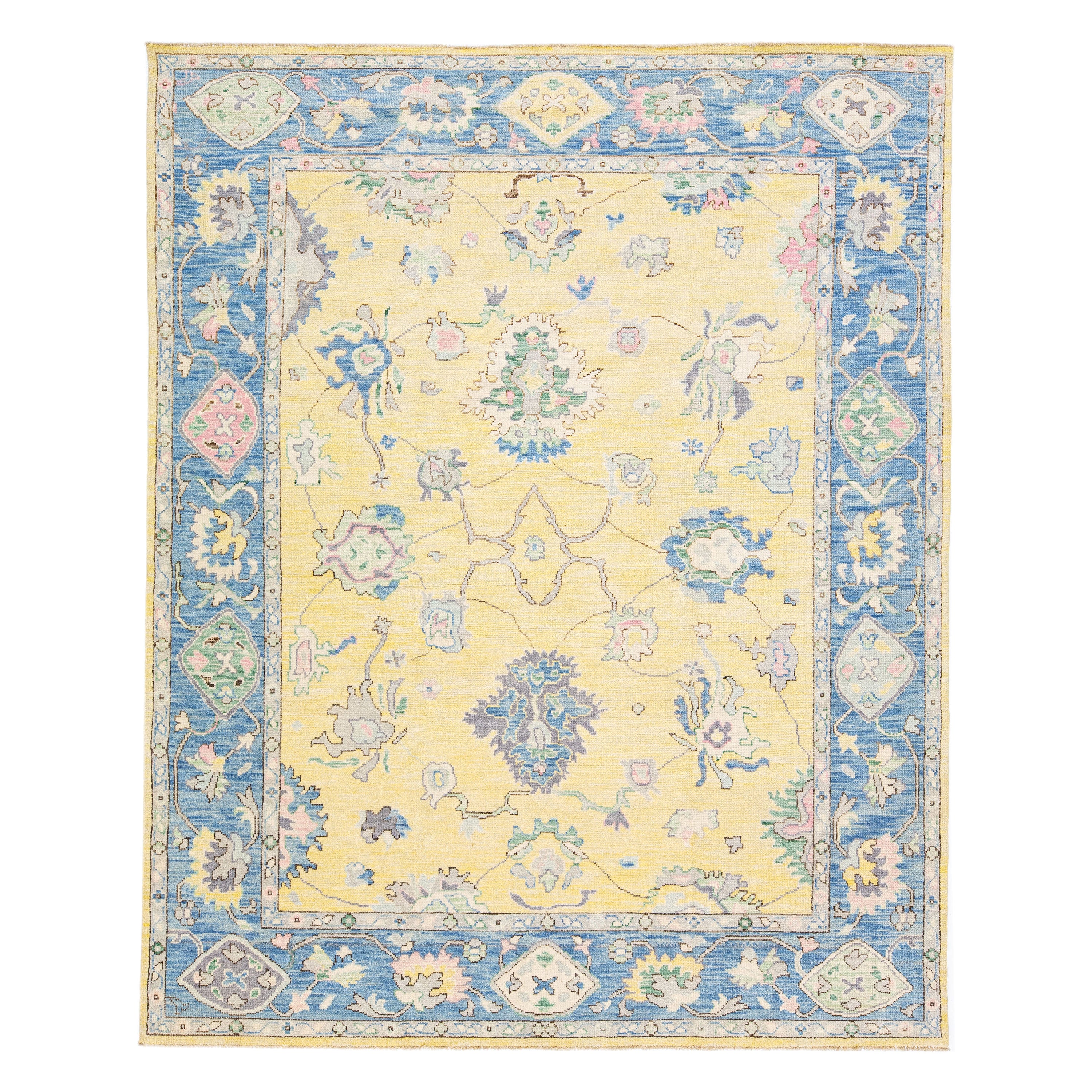 Allover Floral Modern Turkish Oushak Handmade Wool Rug in Yellow For Sale
