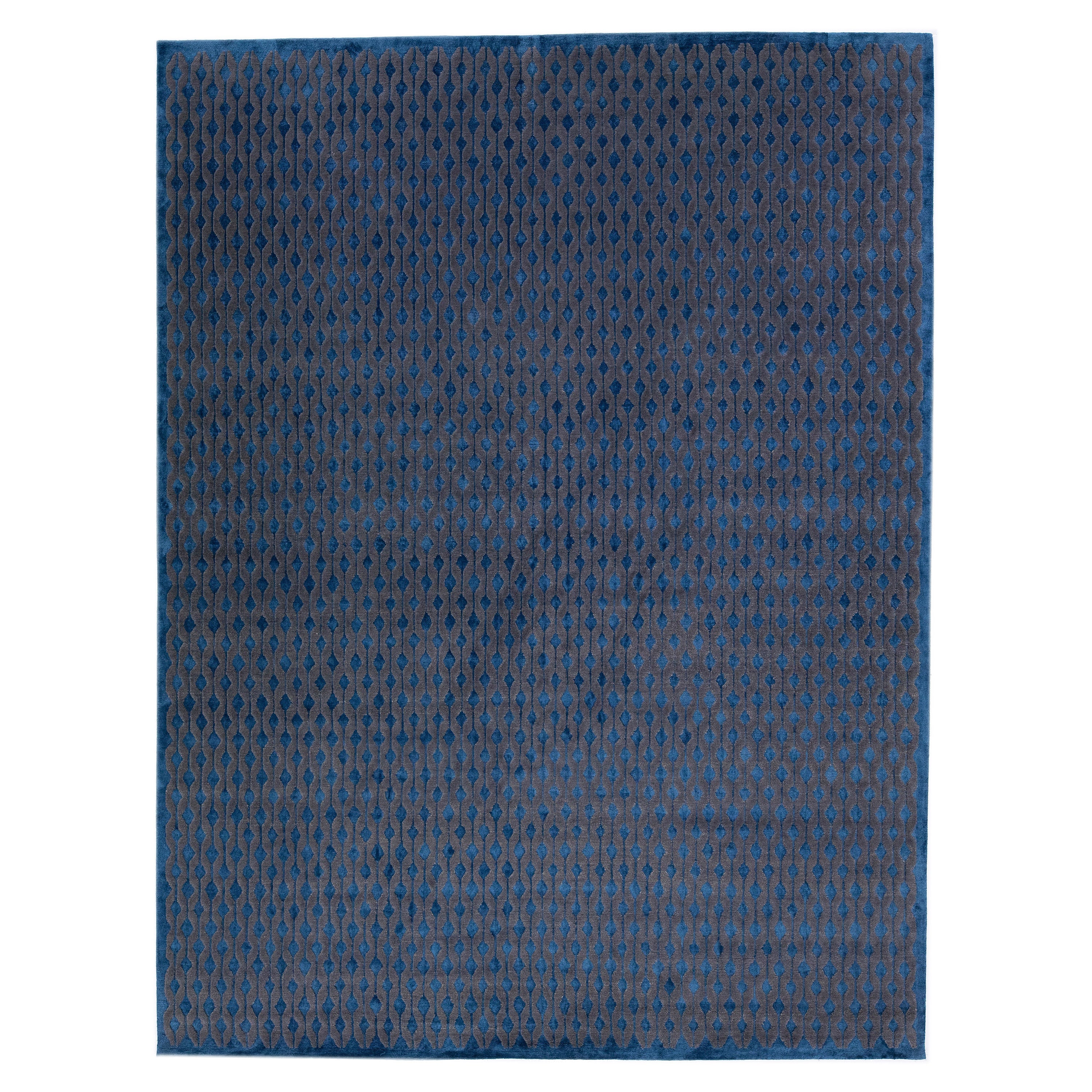 Handmade Geometric Modern Tibetan Wool & Silk Rug with Blue Color Field For Sale