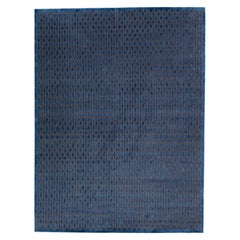 Handmade Geometric Modern Tibetan Wool & Silk Rug with Blue Color Field