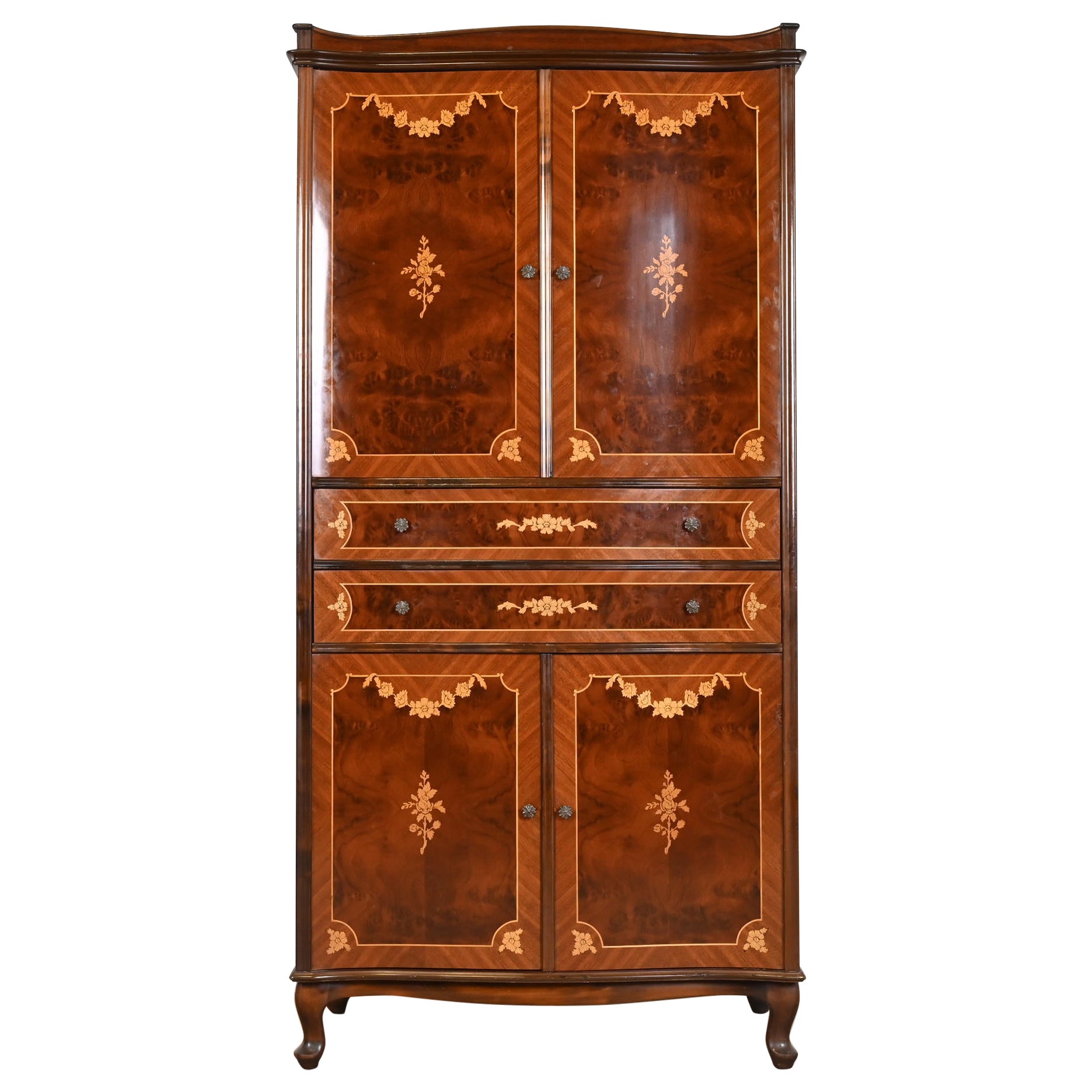 Jules Leleu Style French Continental Inlaid Burled Mahogany Armoire Dresser