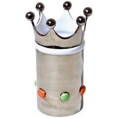 Italian Silver Platinum and White Majolica Crown Vase with Orange & Green Dots