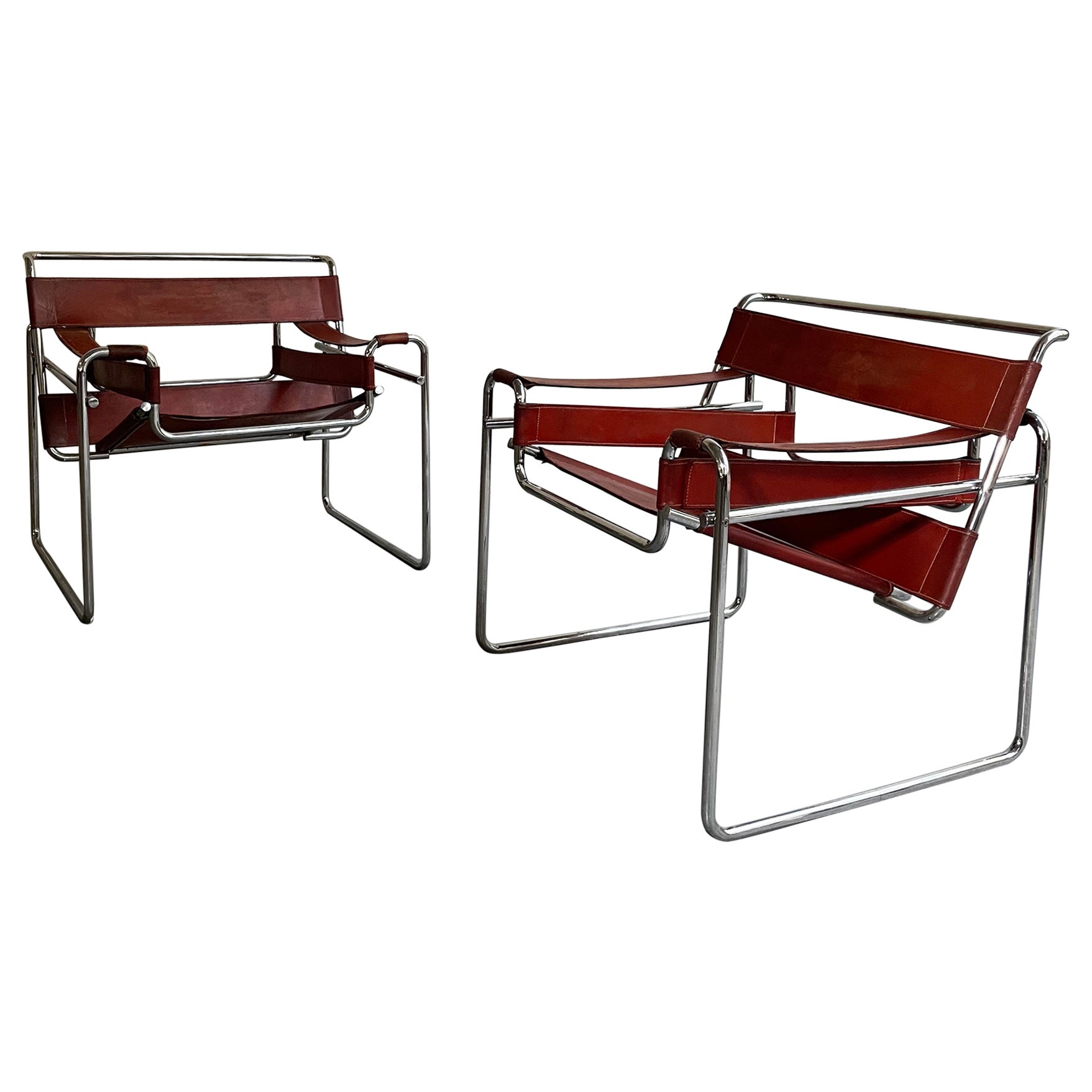 Marcel Breuer Bauhaus Wassily Style Chairs Burgundy Brown Leather