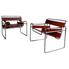 Marcel Breuer Bauhaus Wassily Style Chairs Burgundy Brown Leather