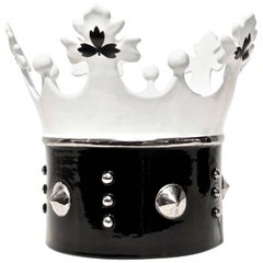 Contemporary Italian Black & White Majolica Crown Bowl with Platinum Accents