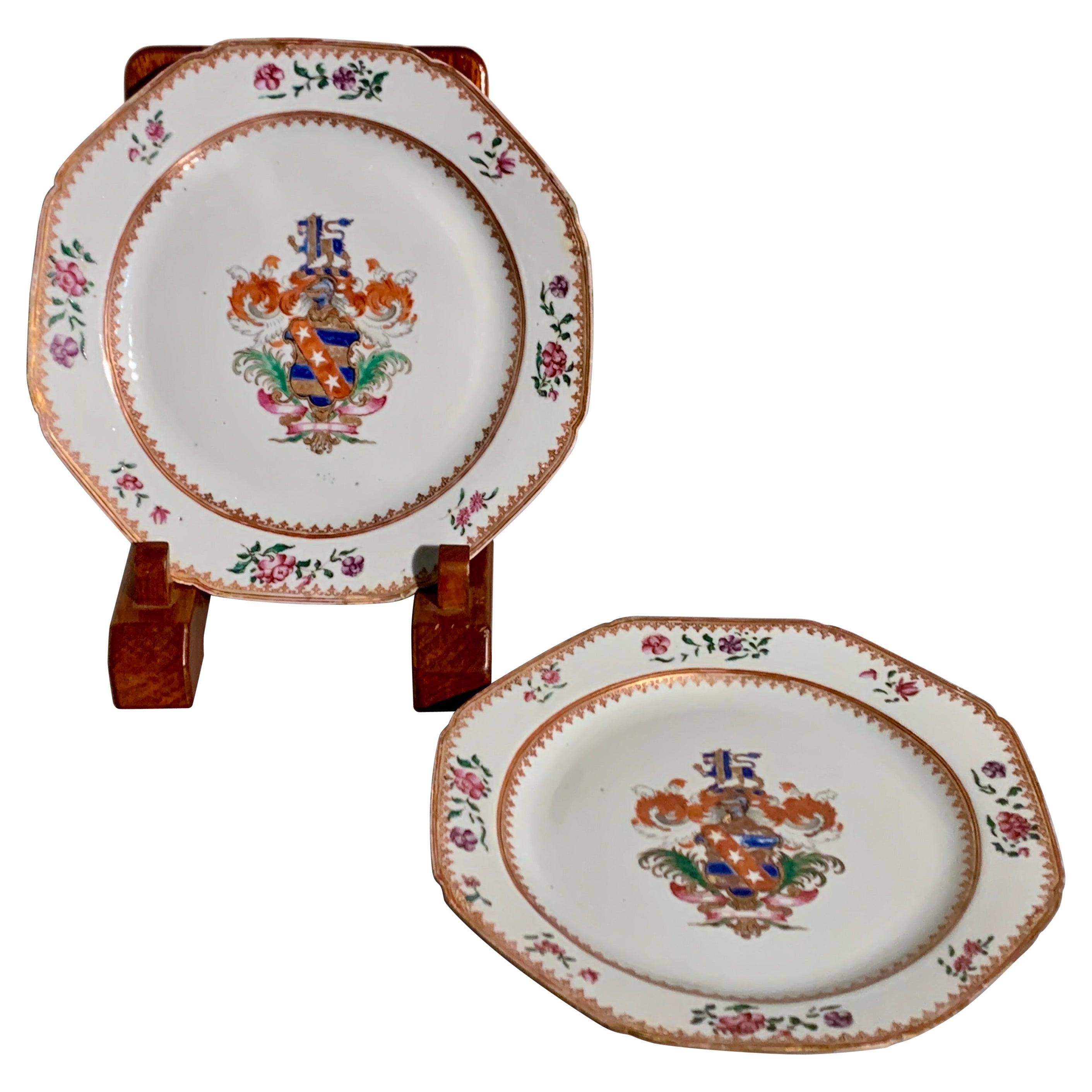 Pair Chinese Export Porcelain Permbridge Armorial Plates, mid 18th c, China For Sale