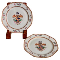 Antique Pair Chinese Export Porcelain Permbridge Armorial Plates, mid 18th c, China